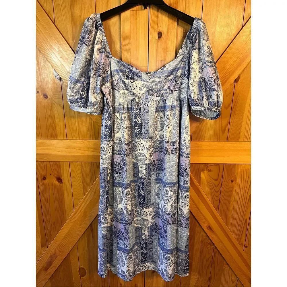 NSR LAYLA PRINTED MIDI DRESS IN BLUE PATCH nwt Size Med (2910)